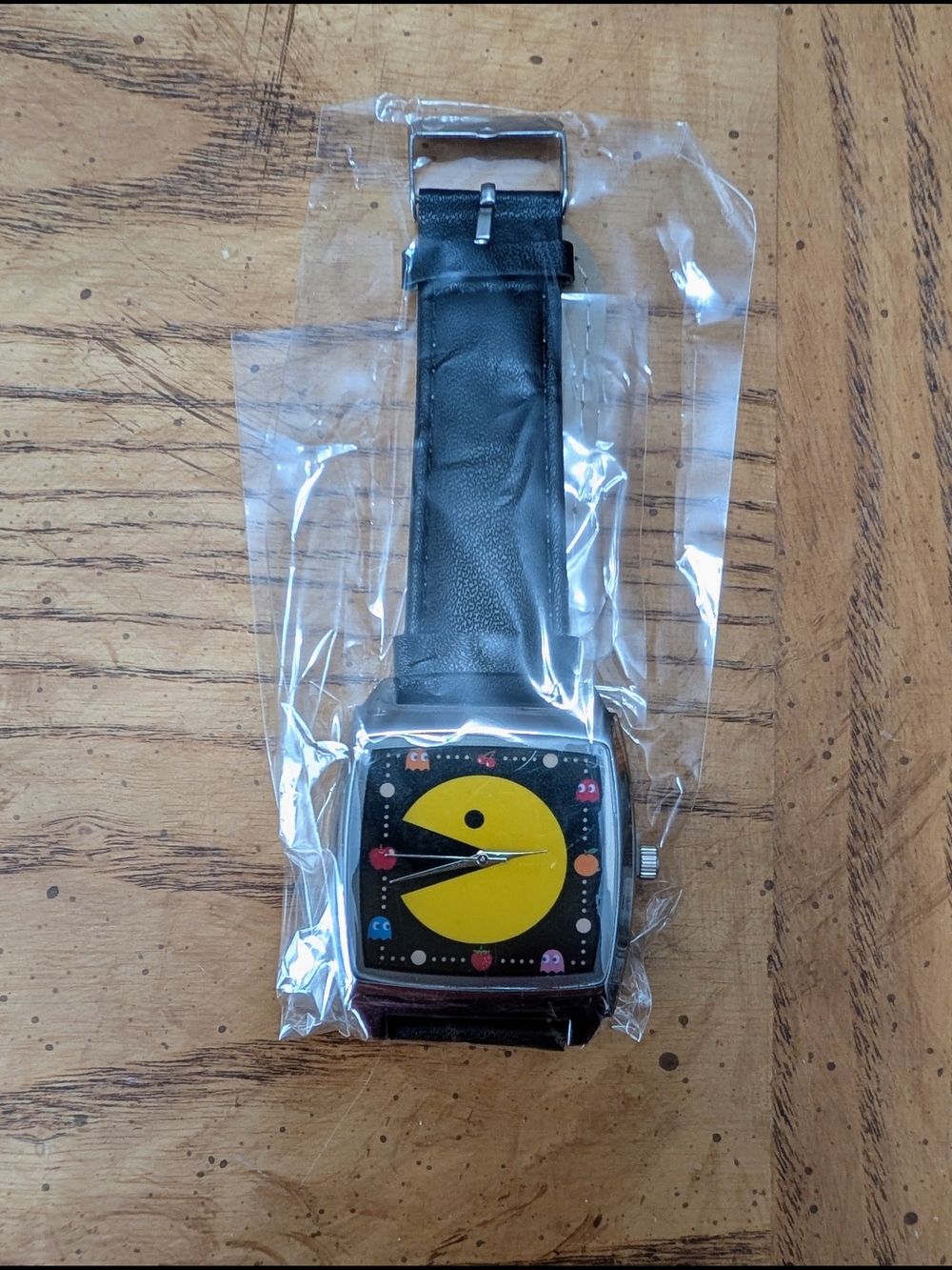 Black Leather-Style Watch with Yellow Pac-Man Game-Inspired Dial